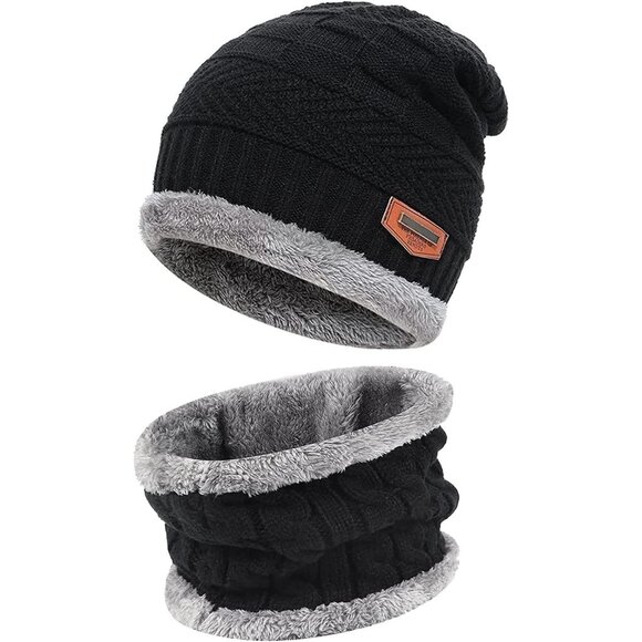 🆕 Kids Black Toddler Winter Warm Knit Beanie Hat Neck Scarf Set Fleece Cap Gift - Picture 1 of 6